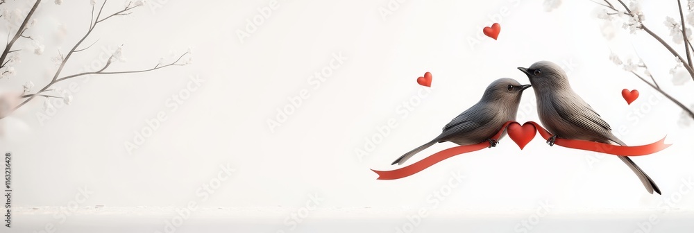 Poster charming 3d-rendered birds holding heart ribbon in whimsical setting on white background with copy s