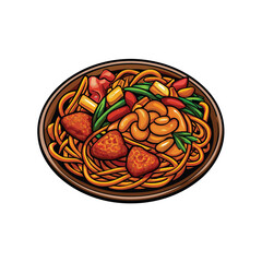 Create a vibrant vector illustration of a delicious plate of chow mein noodles, showcasing textures and colors realistically.  Include a single, identifiable garnish.