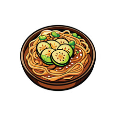 Create a vibrant vector illustration of cold sesame noodles, showcasing the glossy sauce,  noodles, and sesame seeds.  Include garnishes.