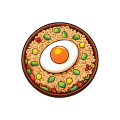 Create a vibrant vector illustration of egg fried rice, showcasing fluffy rice, scrambled egg, and scattered green peas.  Focus on detailed textures and appetizing colors.