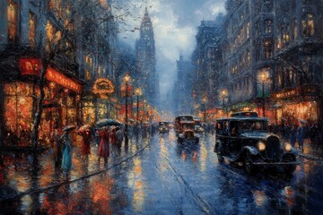 Rainy Evening on a Vibrant City Street