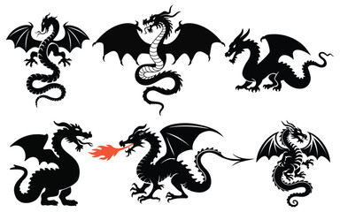 Set of Black Silhouette Dragons in Various Poses