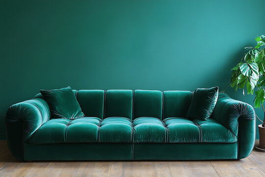 Emerald Green Velvet Sofa in Modern Living Room