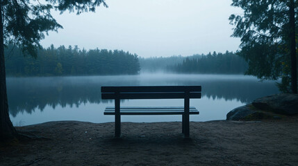 Fototapeta premium Serene Unoccupied Bench by Misty Lake in Early Morning Light