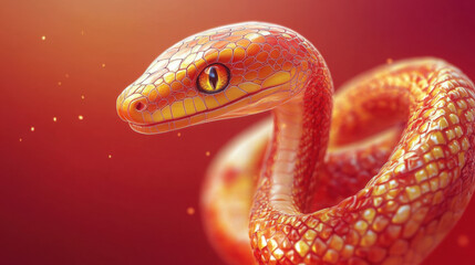Fototapeta premium vibrant 3D illustration of snake with glossy, textured skin in shades of orange and red, set against warm gradient background. snake eye is striking and captivating, adding to its charm