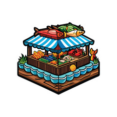 Obraz premium Capture the vibrant chaos of a bustling seafood market, showcasing diverse fish, shellfish, vendors, and customers engaged in lively transactions.