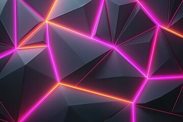 An elegant geometric abstract design featuring intersecting neon lines and glowing shapes illuminated by bold hues of cyan, orange, and magenta. Layer the design over a sleek black background 