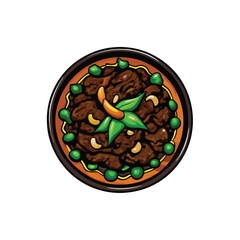 Create a vibrant vector illustration of delicious beef stir-fry, showcasing glistening meat and colorful vegetables.  Focus on texture and detail.