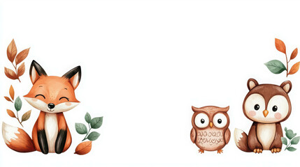 Naklejka premium Cute Forest Animals Banner with Fox, Owl, and Bear in a Playful Style