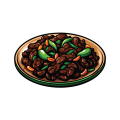 Create a vibrant vector illustration of succulent beef stir-fried with brightly colored vegetables, showcasing sizzling textures and glossy sheen.