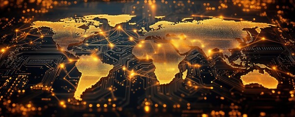 Global network of data transfer. World map on circuit board with glowing connections. Illustrates global connectivity, data flow in modern digital eco. Shows global tech market investment. Advanced