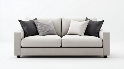 Obraz premium Comfortable fabric sofa with cushions isolated on white background for living room interiors