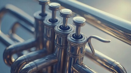 Close-up of trumpet valves, gleaming metal, musical instrument detail.