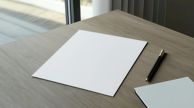 Blank Document Placed Centrally on Modern Desk with Pen and Notepad Nearby