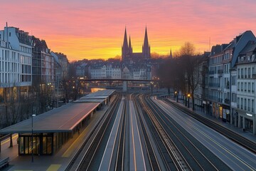 Fototapeta premium Sunset Over City with Train Tracks and Cathedral Spires