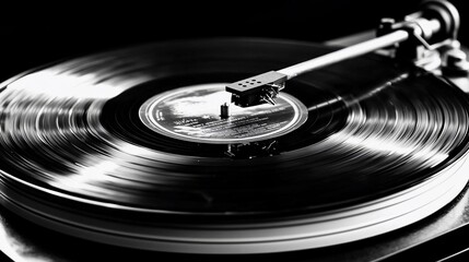 Close-up of a vinyl record spinning on a turntable.