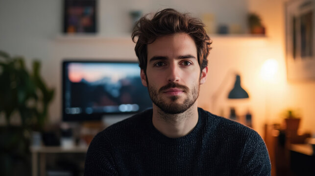 young man with beard and tousled hair sits in cozy room, looking directly at camera. warm lighting and blurred background create relaxed atmosphere