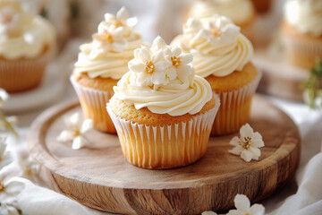 Cupcake with flowers on top served on a wooden board. (Generative AI)