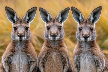 Fototapeta premium Three Kangaroos Standing Together in Nature