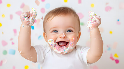 joyful baby celebrating their first birthday with messy cake smash, covered in frosting and colorful sprinkles, surrounded by confetti