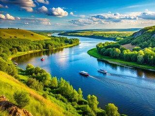 Obraz premium Samara River Scenic View: Boats, Hills, & Lush Trees in Russia