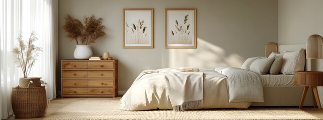 Serene Beige Bedroom Interior with Natural Decor