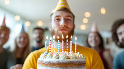 young man celebrating his birthday, blowing out candles on cake surrounded by friends. joyful atmosphere is enhanced by colorful party hats and festive decorations