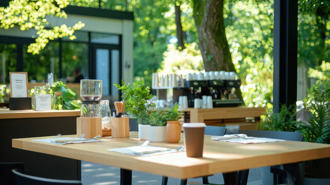 cozy outdoor cafe with customers enjoying coffee and greenery