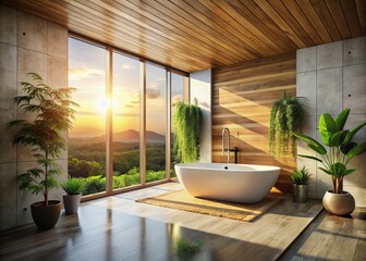 Fototapeta premium Silhouette Photography: Modern Wooden Loft Bathroom with Nature View - Stock Photo
