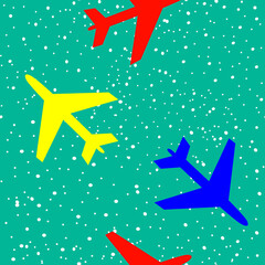 Seamless print, with small planes and blue sky. Cheerful and childish print.
