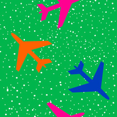 Seamless print, with small planes and blue sky. Cheerful and childish print.