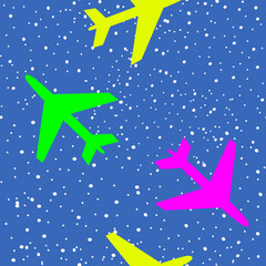 Seamless print, with small planes and blue sky. Cheerful and childish print.