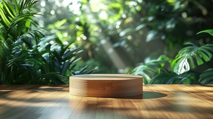 Sunlit Wooden Platform Amidst Lush Greenery in a Tropical Jungle Setting with Natural Light and Shadows
