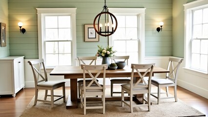 Rustic farmhouse dining room with distressed wood table, creamy cross-back chairs, and soft sage shiplap walls. A wagon-wheel chandelier completes the modern rustic look.