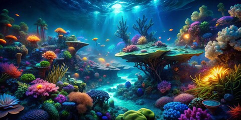 Fototapeta premium Surreal Underwater Night Scene: Bioluminescent Creatures & Coral Reefs