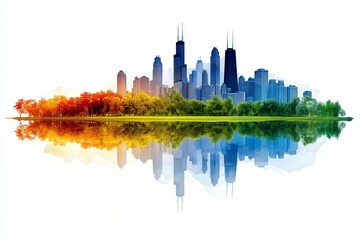 Fototapeta premium Vibrant Cityscape Reflection with Colorful Trees