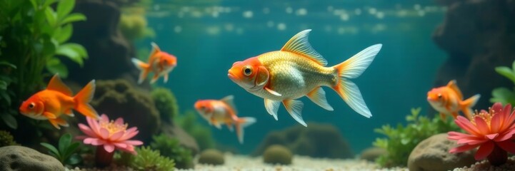 Fototapeta premium Goldfish wearing shark fin costume swimming in a bowl with colorful fish friends, aquatic animals, shark fin