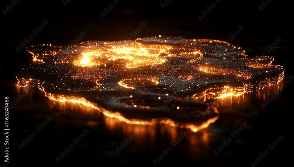 Poster an intricate 3d visualization of a glowing world map outline, with interconnected digital nodes and 