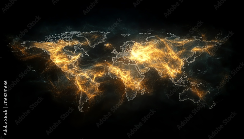Poster an intricate 3d visualization of a glowing world map outline, with interconnected digital nodes and 