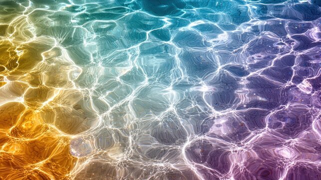 A mesmerizing abstract background of glowing water ripples reflecting warm golden sunlight, transitioning smoothly into soft pastel gradients of lavender, aqua, and blush pink. Enhance the design 