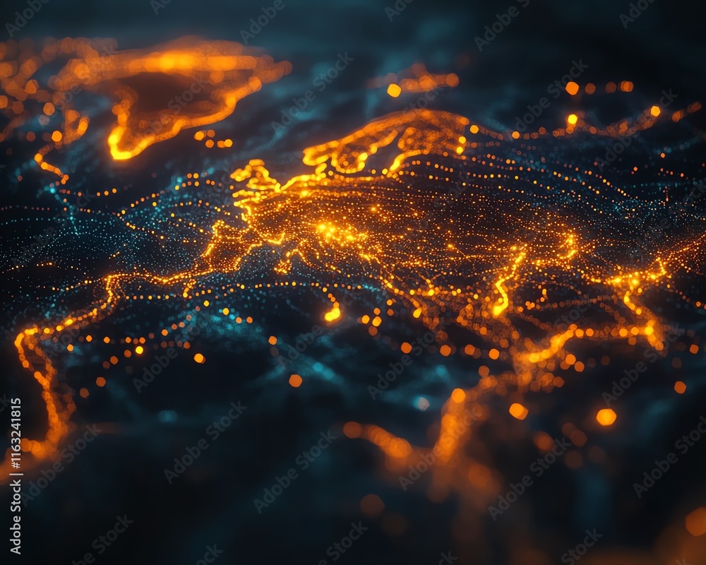 Poster a creative 3d illustration of a glowing digital world map contour, with connected lines and nodes sy