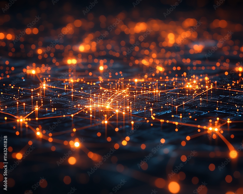 Poster a creative 3d illustration of a glowing digital world map contour, with connected lines and nodes sy