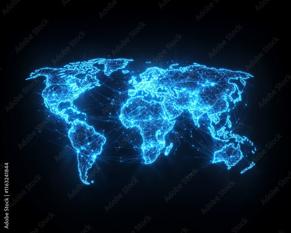 Poster a creative 3d illustration of a glowing digital world map contour, with connected lines and nodes sy
