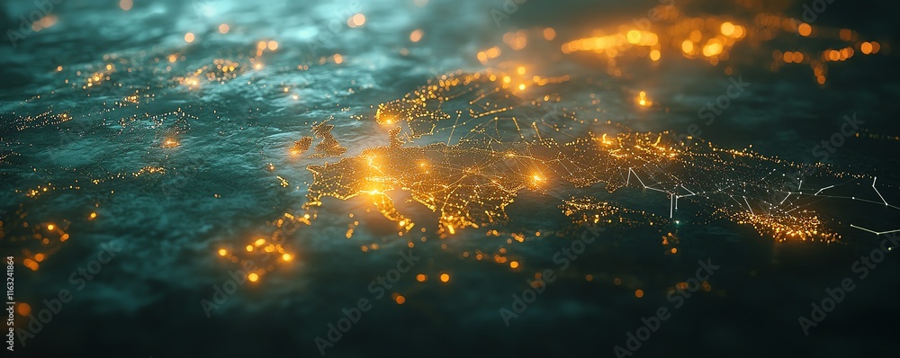 Poster a creative 3d mockup of a digital world map with glowing points and illuminated connections, represe