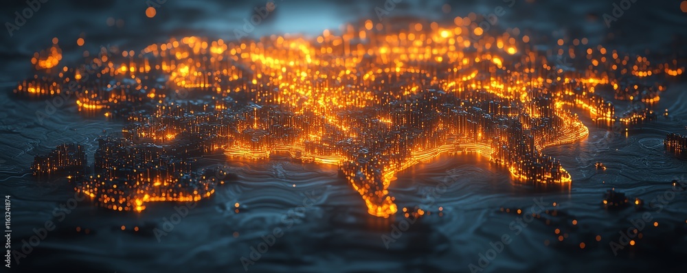Poster a creative 3d mockup of a digital world map with glowing points and illuminated connections, represe