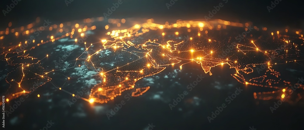 Poster a creative 3d mockup of a digital world map with glowing points and illuminated connections, represe