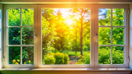 Fototapeta premium Wide Angle Modern House Window Green Garden Bokeh View Photography - Stunning Home Exterior Design