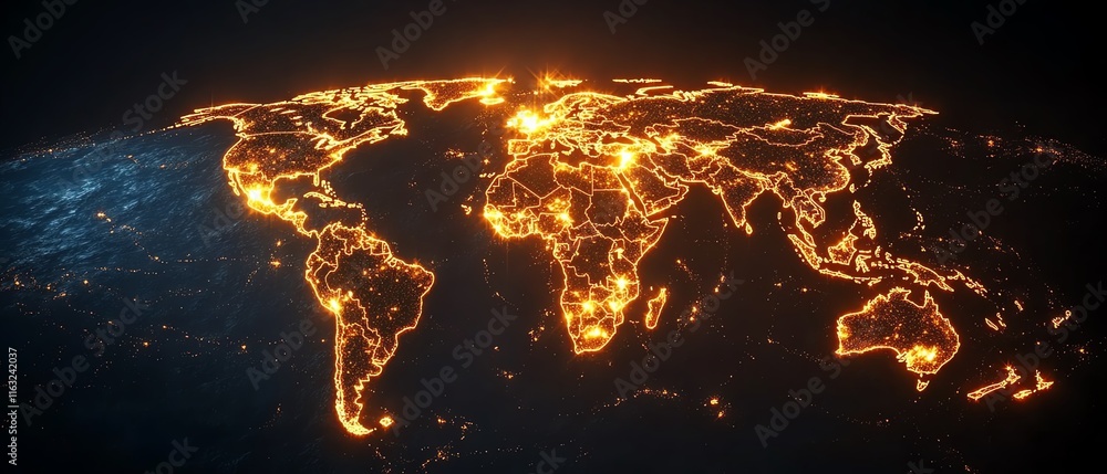 Poster a creative 3d mockup of a digital world map with glowing points and illuminated connections, represe