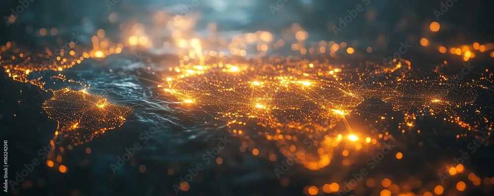Poster a creative 3d mockup of a digital world map with glowing points and illuminated connections, represe