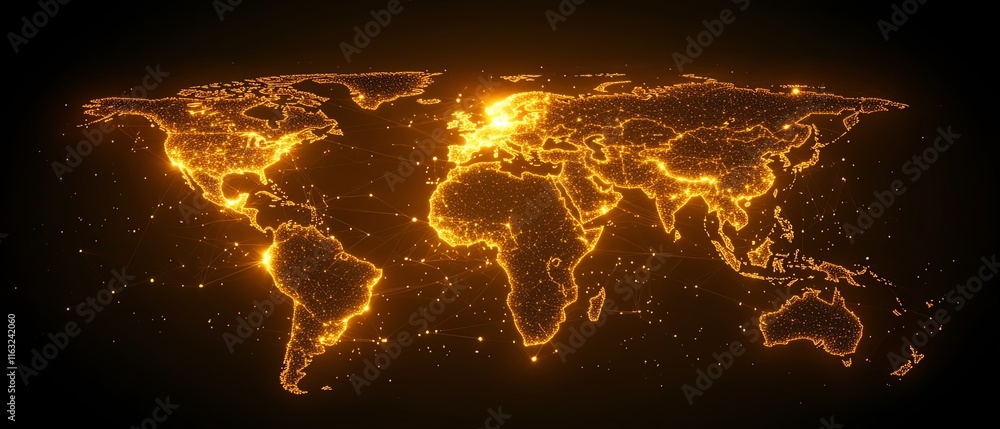 Poster a creative 3d mockup of a digital world map with glowing points and illuminated connections, represe